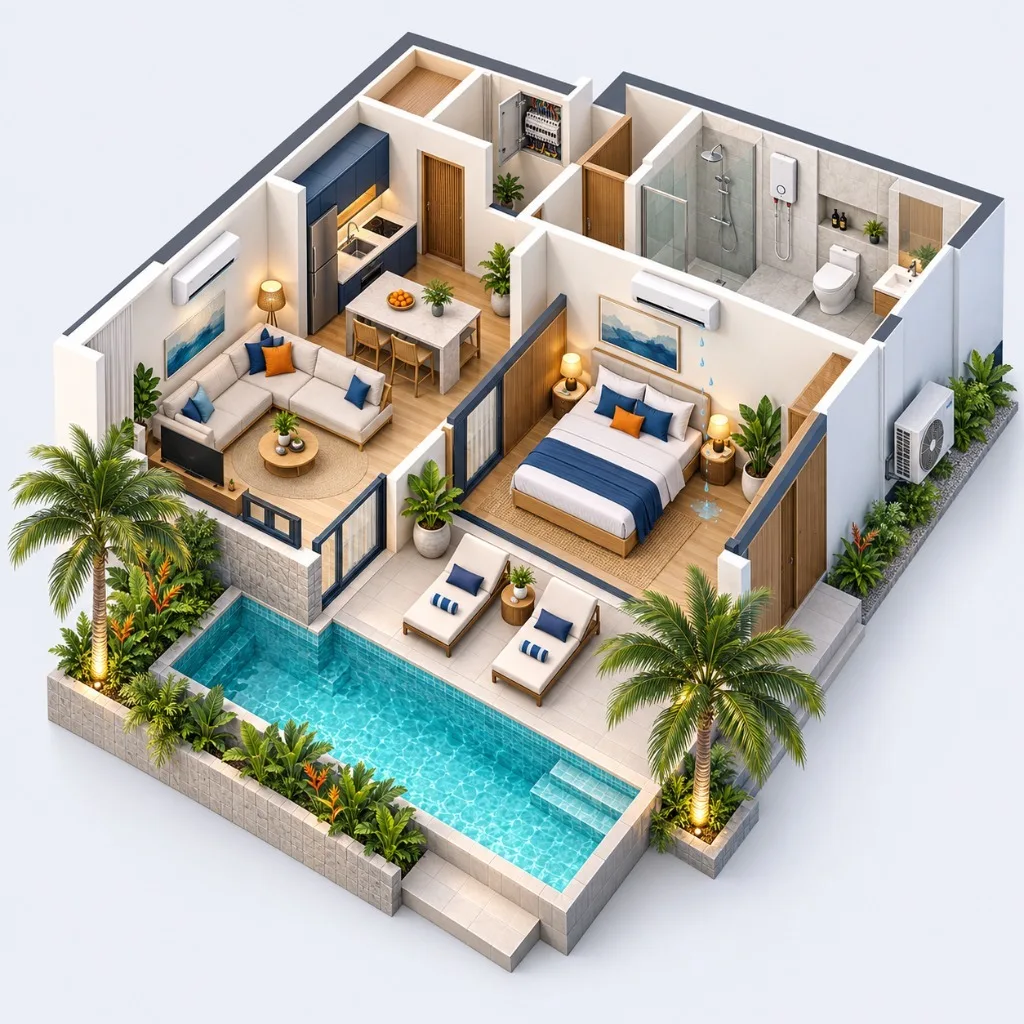 Cutaway view of a Phuket villa with its aircon units, water heater and electrical panel